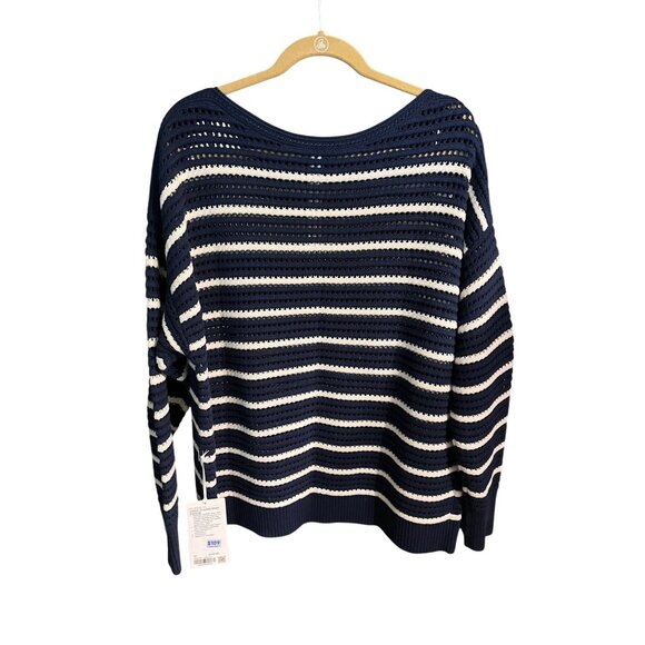 Lululemon Cotton Crochet Pullover Sweater Club Blue/Light Ivory XL Open-Knit - Picture 3 of 5